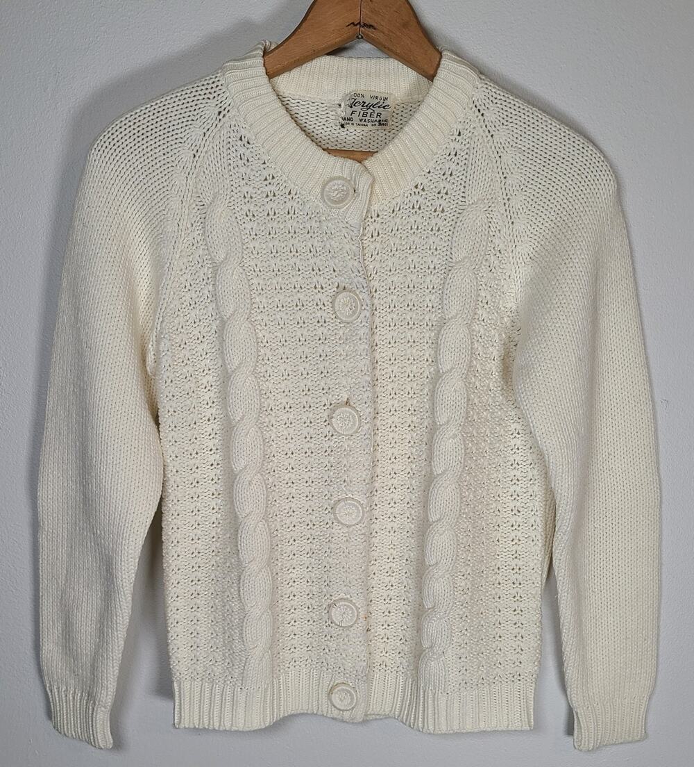 Vintage 50s 60s Streetwear Womens Small Cable Knit Cardigan Sweater Ivory